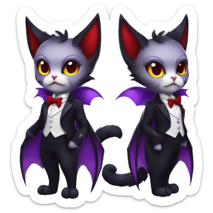 Cute-Evil-Vampiric-Batty-Cat-Black-Purple-Red-Yellow-Contrast-Colors-Fantasy-Fur-Sona-Chibi-Shiny-Fakémon-Hybrid with horns and big fangs neck bow white tie leg spats full body sticker
