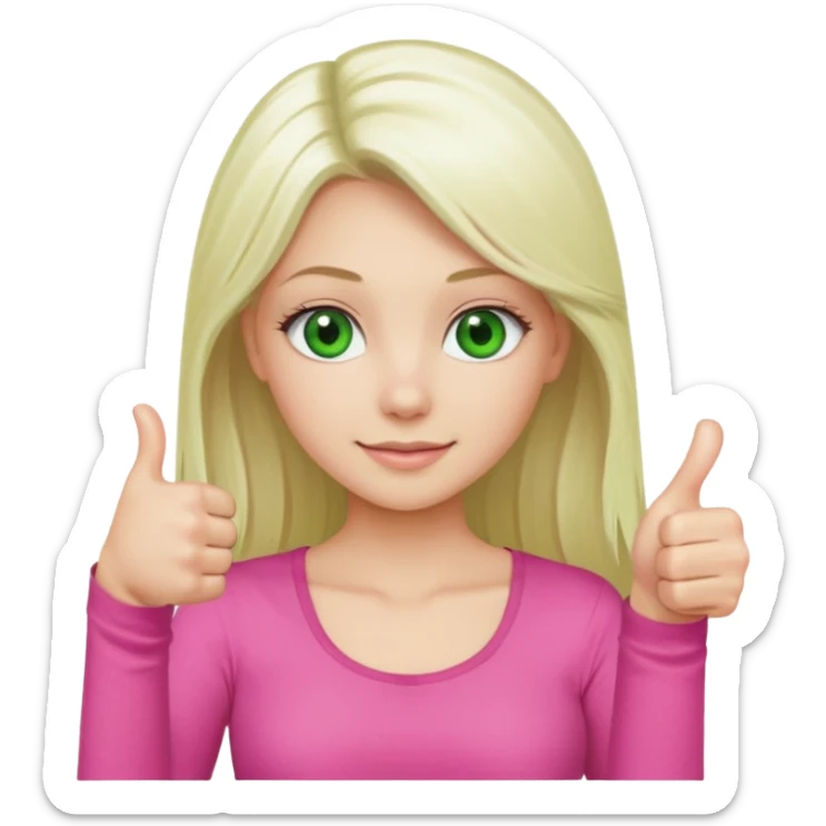 Long platinum blonde hair girl with green eyes in  pink top showing a thumbs up sticker