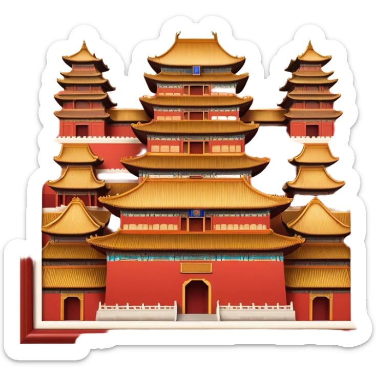 Cinematic Realistic Forbidden City Landmark Emoji, depicting grand imperial architecture with golden rooftops, vast courtyards, and intricate wooden carvings, all surrounded by towering red walls. sticker