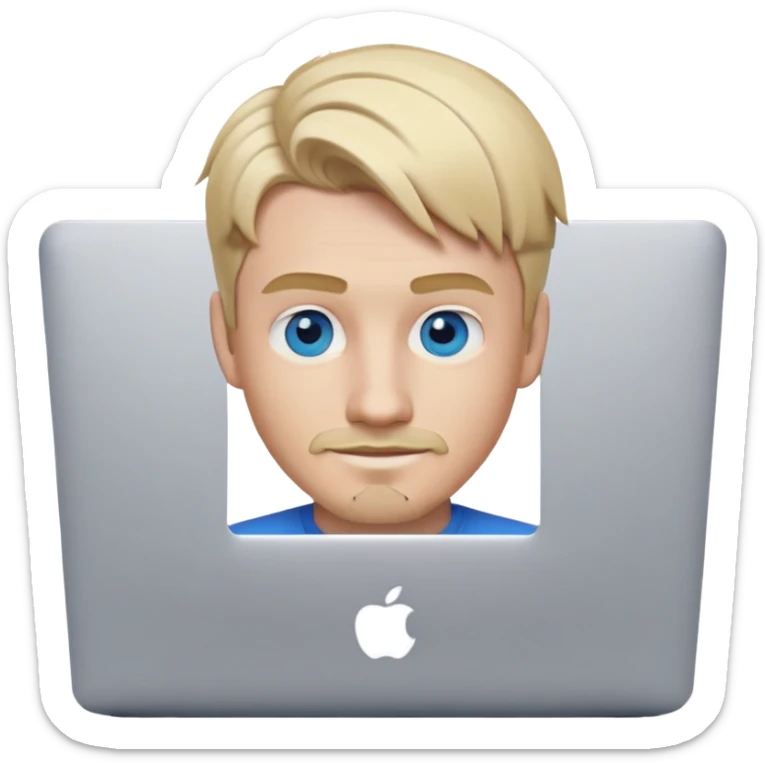 young blond male emoji character with blue eyes, modern hairstyle with hair styled forward and slight fringe, sly proud smile, thin well-groomed blonde mustache and thin sharp-cut blonde goatee, looking directly at camera, working on a MacBook, clean and stylish, tech-savvy sticker