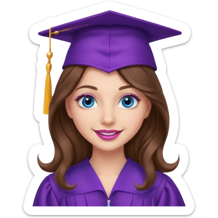 girl with long wavy brown hair, blue eyes, long lashes makeup, sexy pink lips, wearing a purple graduation cap and gown sticker