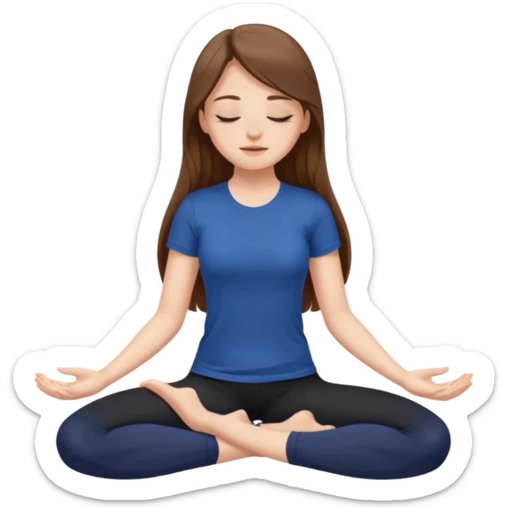 Brown long haired white girl with closed eyes in dark blue leggings and a black t-shirt sits on the splits sticker