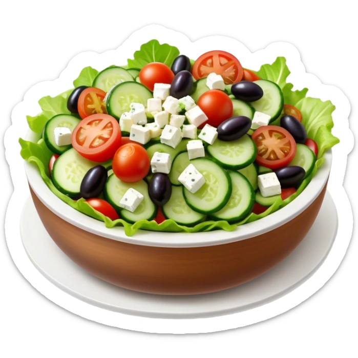 Cinematic Realistic Greek Salad Dish Emoji, depicted with crisp lettuce, tomatoes, cucumbers, olives, and feta cheese rendered with vibrant textures and fresh, natural lighting. sticker