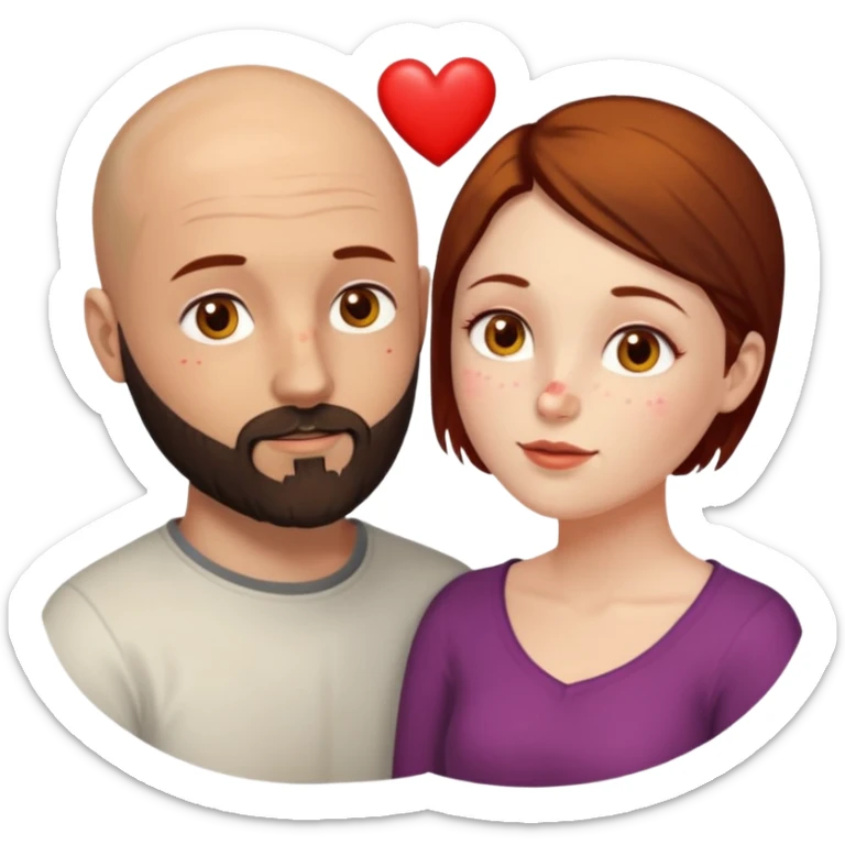 Couple. Bald man with dark brown-black beard. Woman with many small, faded, round, small freckles, white skin and she has auburn-yellow-brown dark hair. She has light yellow-brown eyes. He have hazel eyes. They look at each other. Many small red hearts around them. sticker