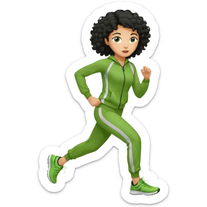 a woman with olive skin tone and curly black hair wearing green and jogging sticker
