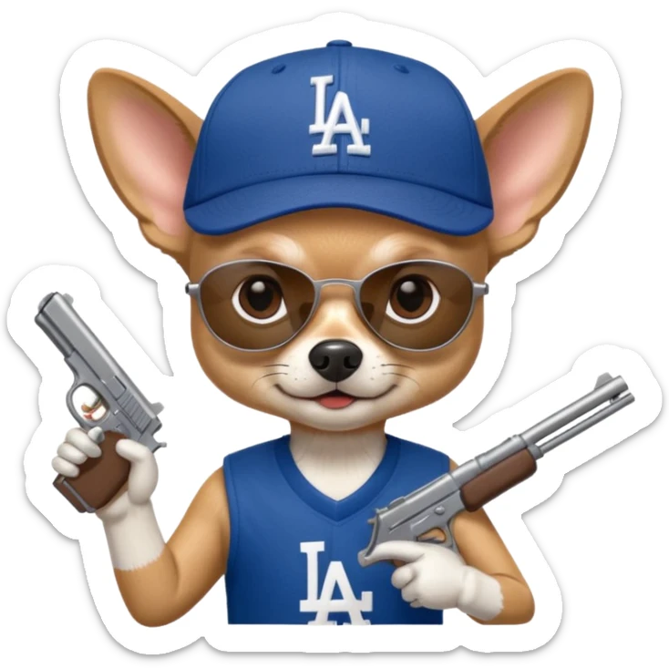 Chihuahua with Los Ángeles Dodgers cap, sun glasses and holding a gun  sticker