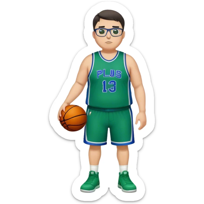 Full Body plus size white male with dark short hair basketball player wearing glasses wearing blue green uniform sticker