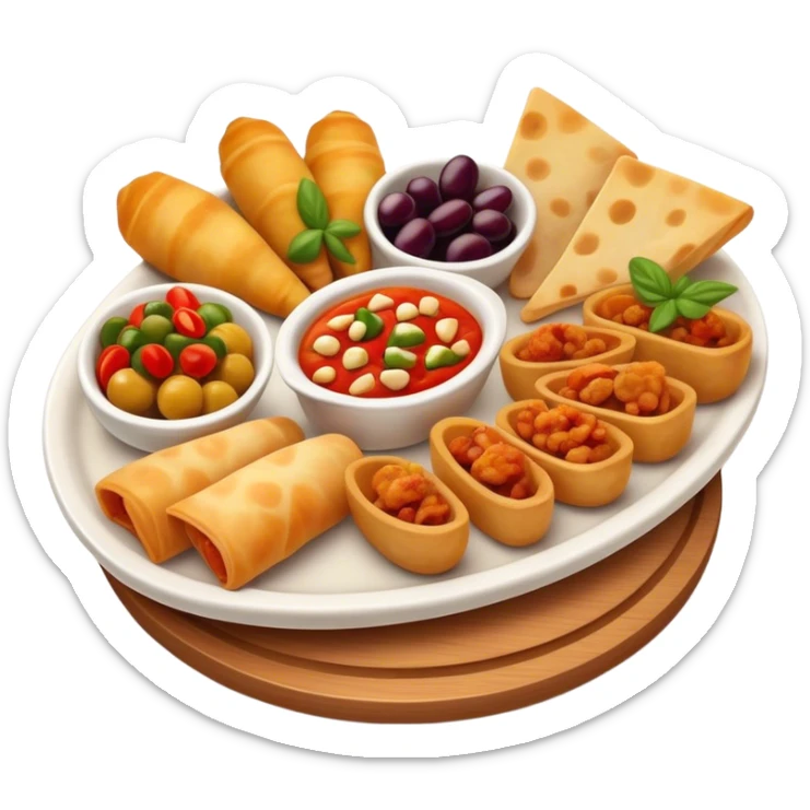 Cinematic Realistic Tapas Dish Emoji, depicted as an assortment of small, flavorful Spanish appetizers rendered with vibrant detail and warm, inviting lighting. sticker