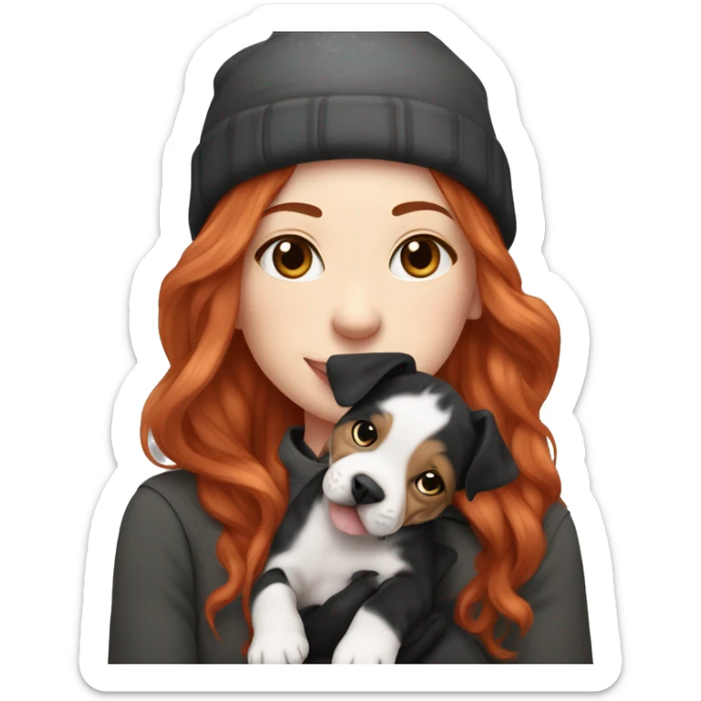 Long Red haired woman in beanie with septum piercing holding black and white English Staffordshire puppy and tabby cat sticker