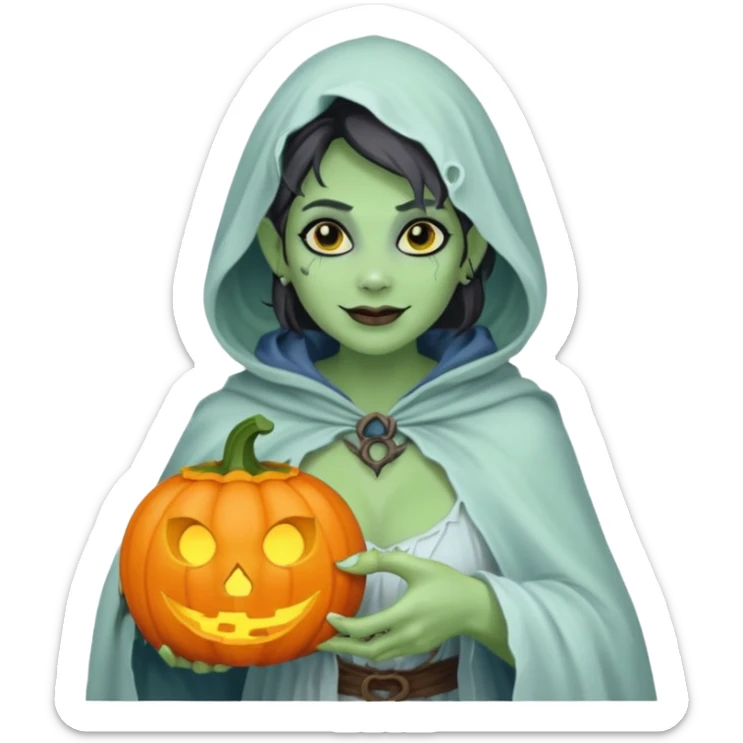female orc ghost emoji, green skin, tusks, gentle smile, wearing flowing white ghost cloak with black eye holes, holding pumpkin lantern, faint glowing blue mist, Halloween fantasy, smooth Apple emoji style, white background, square sticker