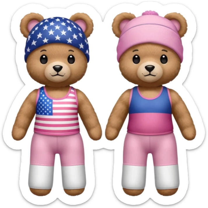 osito de peluche cafe claro con ropita rosa claro y estapado de la bandera de usa y otro con una liga de pilates en la cabeza y con ropa deportiva sticker