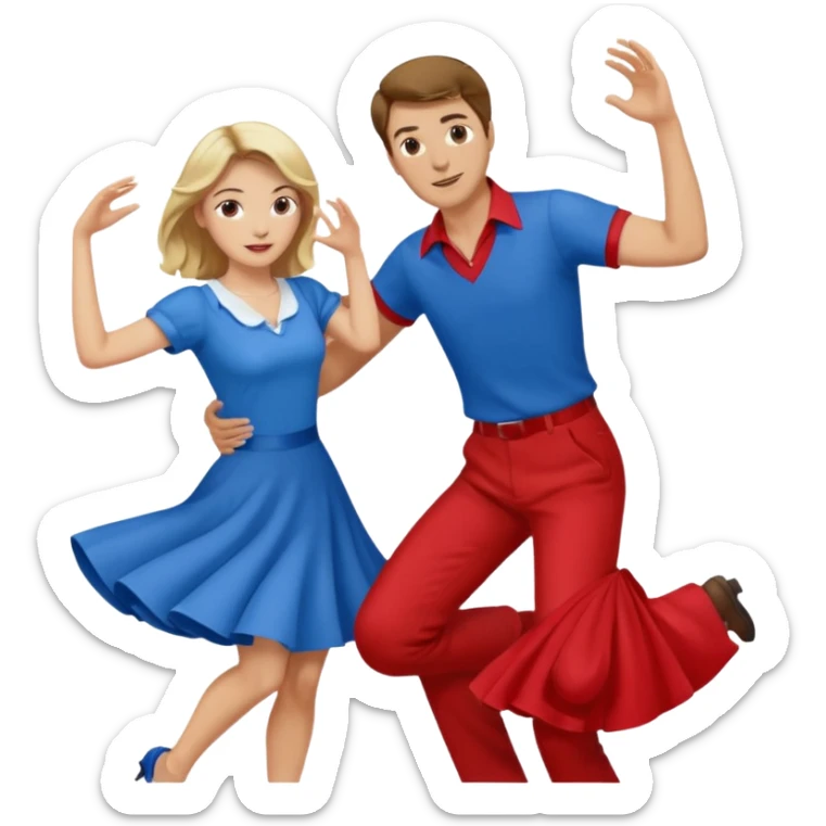 Two people. Man wearing all  RED with brown hair. Women  ALL blue with blond hair. Swing Dancing.  sticker