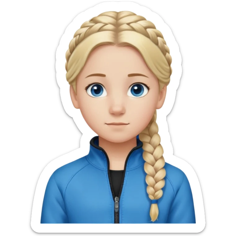 13 year old girl, blond hair in french braid, blue zip up jacket and black flear reand. blue eyes sticker