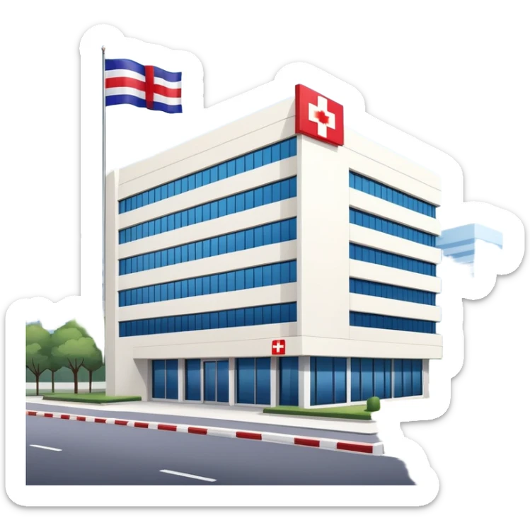 Hospital building with Thai flag waving, red cross medical symbol, Thailand flag with red white blue stripes sticker