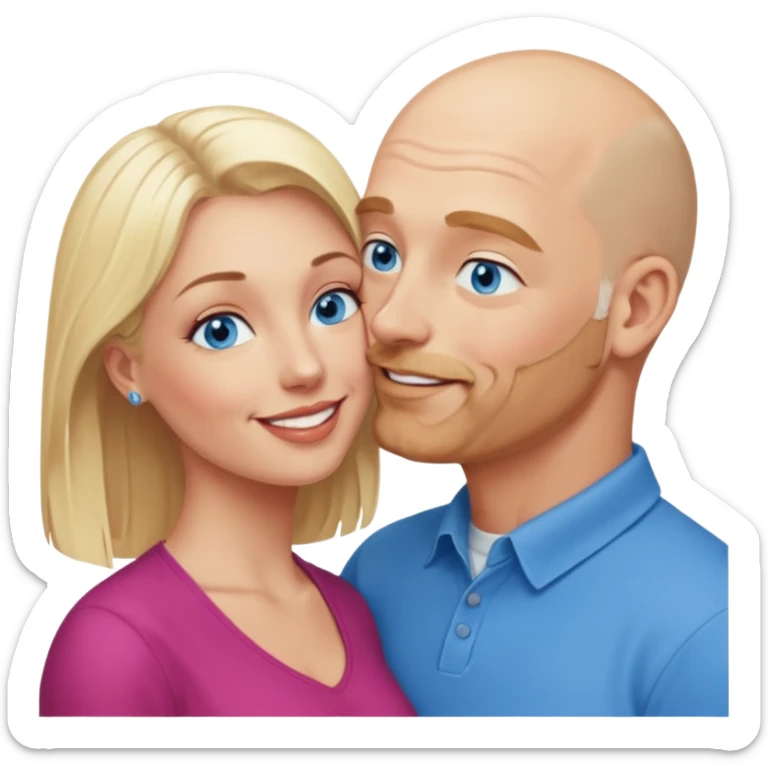 middle age bald man with salt and blonde scruff, blue eyes a.  Kissing blonde woman with blue eyes sticker
