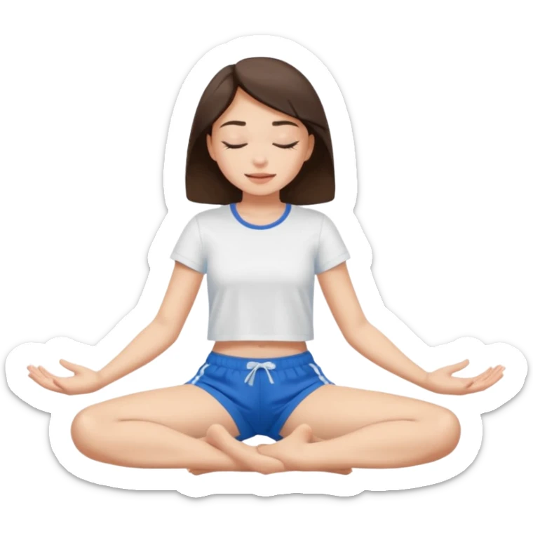 brunette girl with closed eyes in blue shorts and a white t-shirt sits on the splits sticker