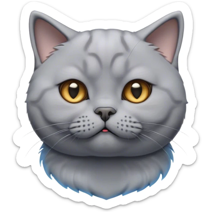 Cinematic Cute Bored Grey British Shorthair Cat Portrait Emoji, Head tilted slightly with a scrunched, bored expression, sleek soft grey fur with subtle blue undertones, Simplified yet adorable features, highly detailed, glowing with a soft, friendly glow, high shine, curious but clearly uninterested, stylized with a touch of whimsy, soft glowing outline, capturing the essence of a bored yet irresistibly cute kitty, so endearing it feels like it could tilt its head and let out a dramatic sigh at any moment! sticker