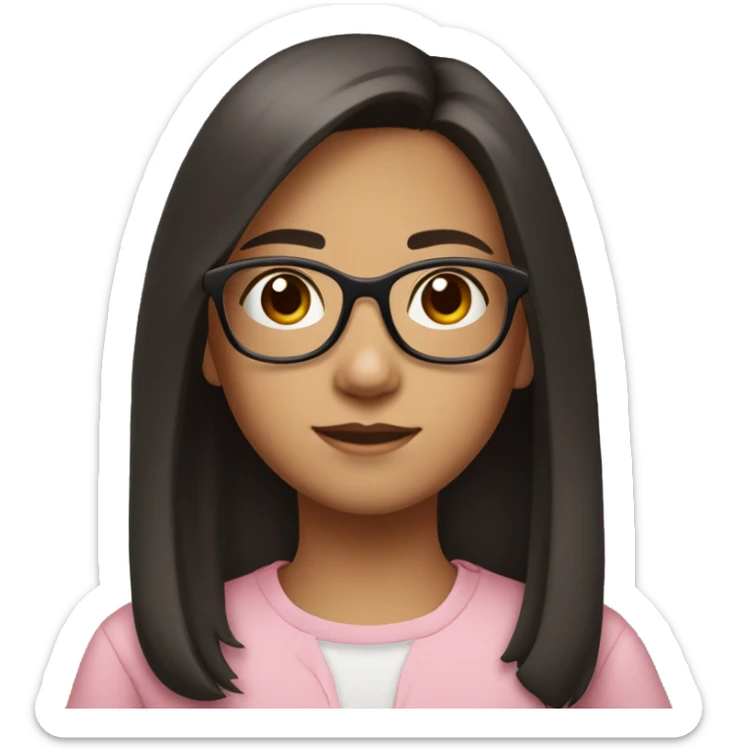 A young girl, around 10-12 years old, with shoulder-length dark hair and wearing light pink-framed glasses. She has a calm and neutral expression sticker