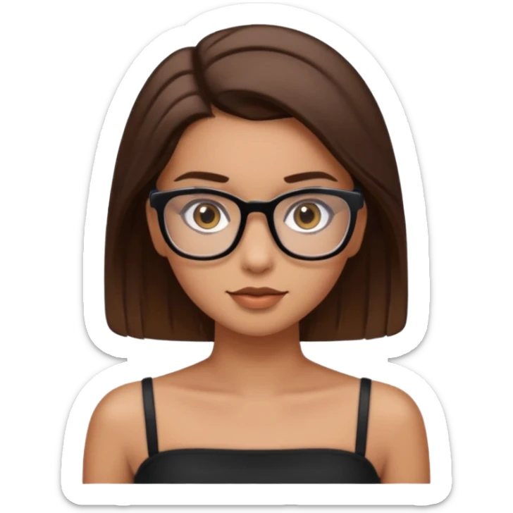 Imagine a pretty girl with slightly light brown skin with big brown eyes and glasses. She has straight brown hair in a slick back and is wearing a black tube top sticker