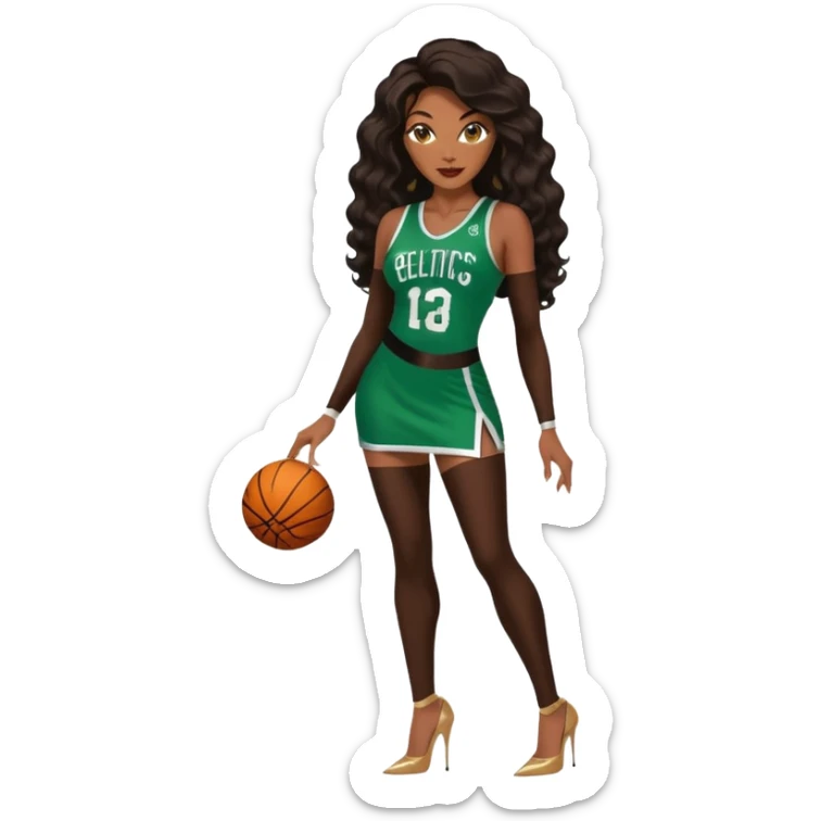 A 47-year-old chocolate ebony brown black woman with brown eyes, long body wave black brown baylaige hair dressed in sexy 
celtics jersey costume outfit and stilettos  sticker