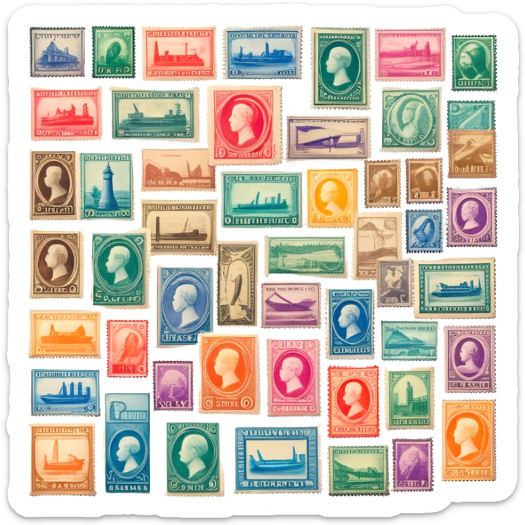 Icon for Stamp Collecting: a collection of vintage and colorful stamps arranged in an album or on a desk, with a large stamp block in the center showcasing different themes. The icon should reflect the charm and history of philately. Transparent background. sticker
