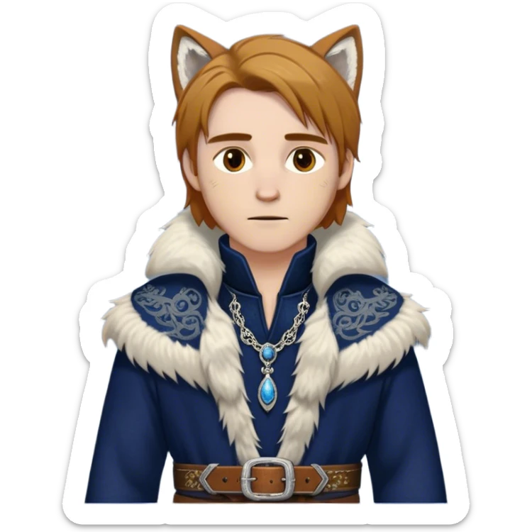 Medieval winter outfit worn by a DnD themed fantasy male character. Midnight blue felted wool tunic with silver fox fur collar, embellished with ornate metal clasps and a thick leather belt with decorative stitching. Clothes only above the waist, full waist coverage. The character has no arms. Character is white-skinned with honey brown hair, amber eyes, and shoulder-length straight hair with winter-weathered ends. sticker