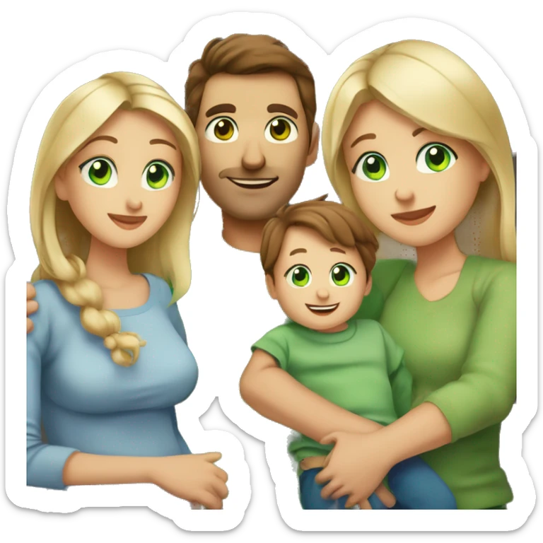 Mom with brown hair and green eyes holding a baby boy  with brown hair and blue eyes in her arms  next to dad with brown hair and green eyes holding hands with a an older girl with blonde hair and blue eyes next to a young boy with brown hair  sticker