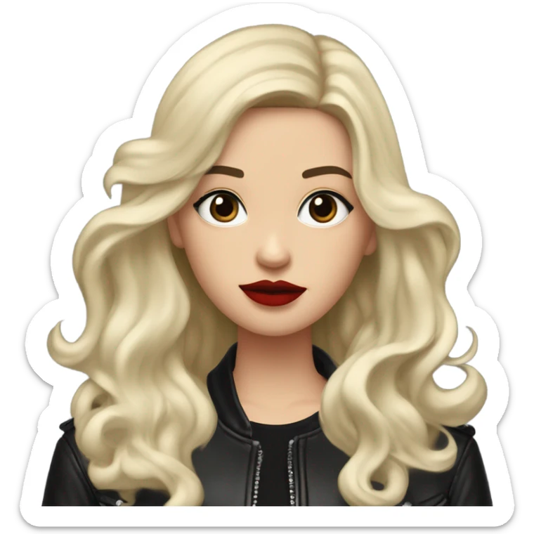 White girl, with long wavy black hair, with red lipstick, black winged eyeliner, wearing black shirt and black leather jacket shrugging her shoulders in a gesture that says “I don’t know” sticker