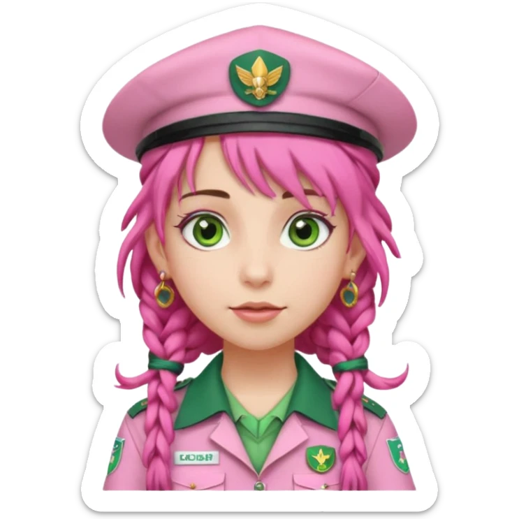 very pretty girl big green eyes, scout girl with pretty pink uniform, pink dreadlocks, and big earrings and scouts hat sticker