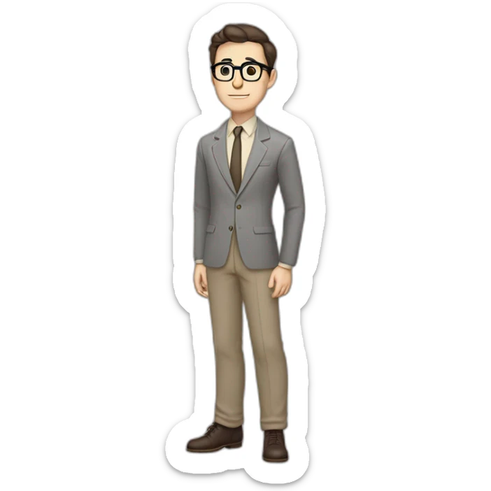 Full height Pale skinned Fit Man With dark brown hair in gray jacket, beige office shirt, tie, Brown pants and vintage glasses. Thrumbs of his palms directed up sticker