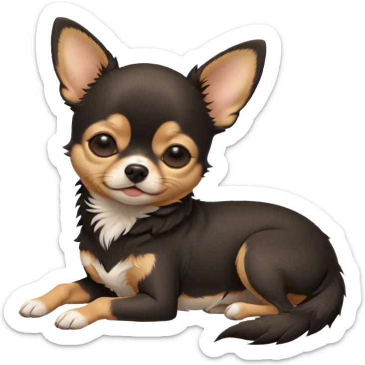 A high-resolution photo-realistic digital illustration of a cute black and tan chihuahua with eyes closed shut sleeping lazily on the ground sticker