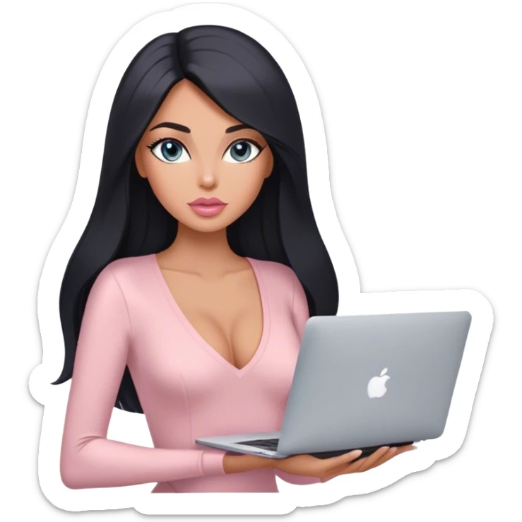 Glamours, tanned, very beautiful girl, with big pump peach-beige-rose lips, long lashes, black straight smooth silky long hair, straight parting hair, blue-grey eyes, in light-pink v-neck bodysuit holding MacBook sticker