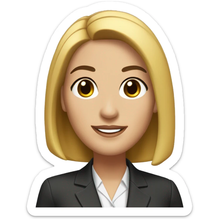 customer serice staff, with straight, dark shoulder-length hair styled in a sleek bob. She has large, expressive brown eyes with prominent eyelashes and a subtle, friendly smile. Her attire includes a dark blazer professional sticker