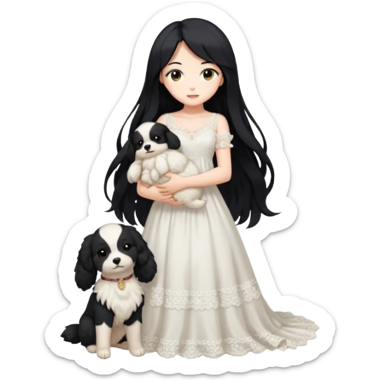 Pastel anime lady long hair with long lace dress full body holding puppy sticker
