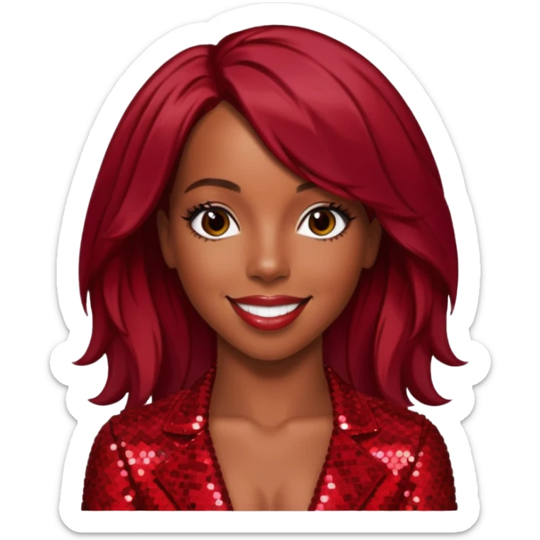 Kelly Rowland from Destiny's Child with dark red hair, red sequin outfit sticker