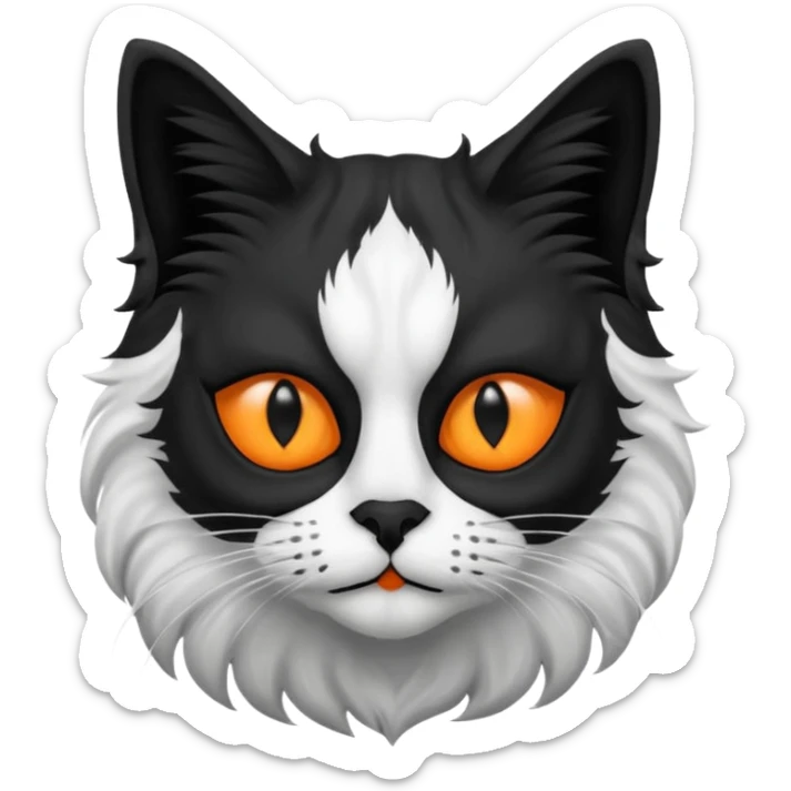 black and white long hair cat. black nose. black splotch near nose on the right side. black mask. white chest.  sticker