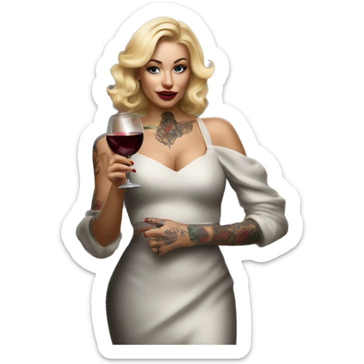 Blonde elegant women, her body covered with tattoos, wine in her one hand, pointing myself with her other hand , Hyper realistic sticker