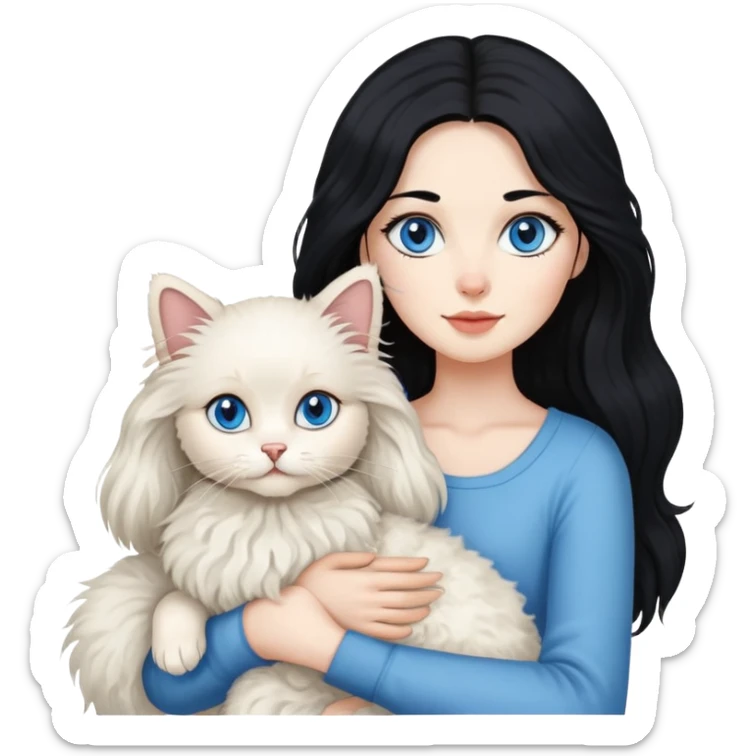 Lady with long black hair, with a long hair Ragdoll cat and a small poodle  sticker