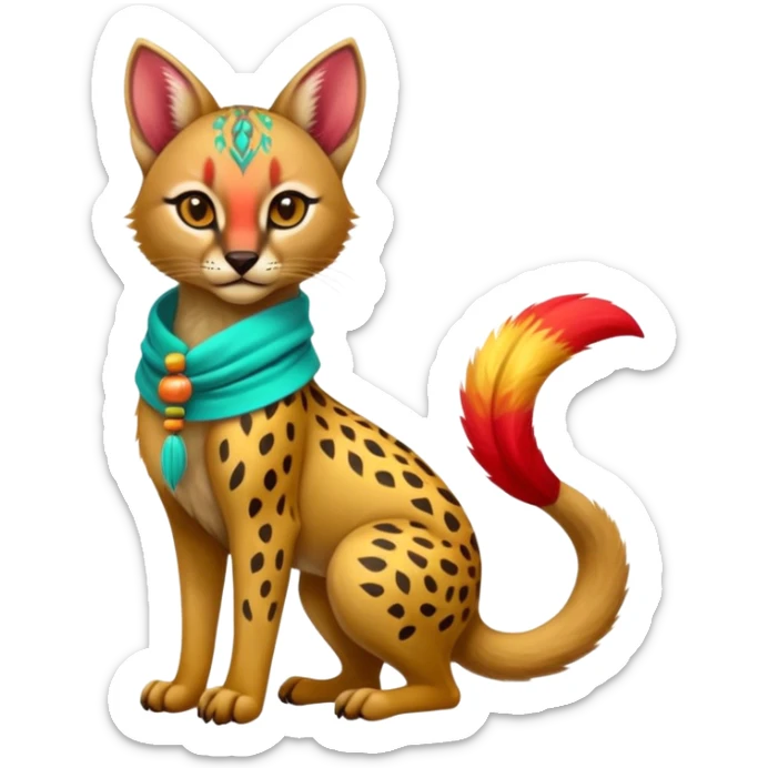 Colorful cute adorable tropical exotic fruity kiwi-green lemony rosy neon-red Caracal-Cheetah-Civet-Trico-fusion-hybrid-animal-creature, full body, with tribal tattoos, wearing a yellow-and-cyan scarf sticker