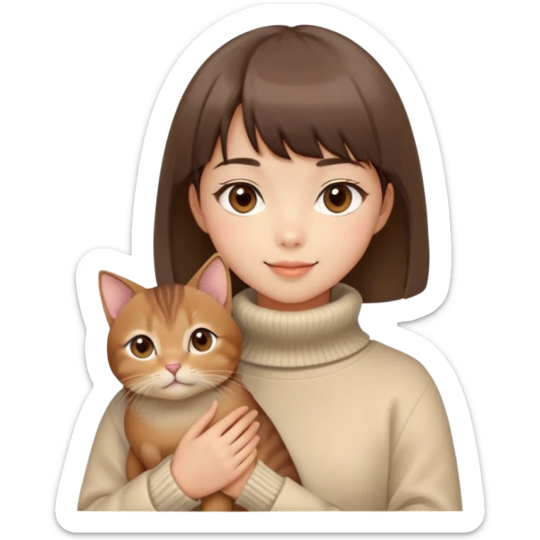 Cute East Asian girl, soft fair skin, big brown eyes, straight bangs, inward brown bob. Wearing a beige turtleneck sweater and cream-colored coat, rosy cheeks, gentle smile, holding an Abyssinian c sticker