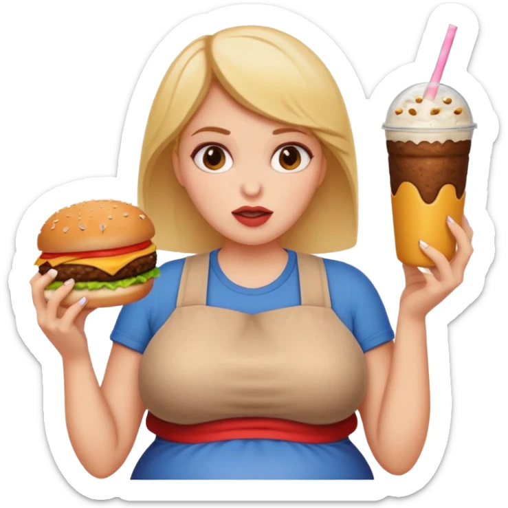 woman stuffing her face with the crumbs laying on her big belly and a burger and milkshake in her hand spilling all over sticker