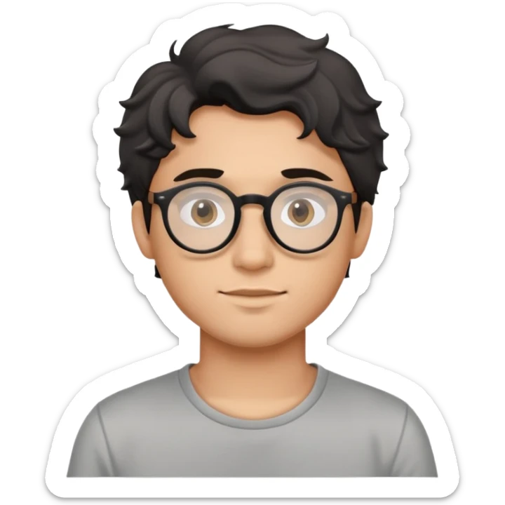 Young man with black wavy hair, round glasses, casual grey t-shirt sticker