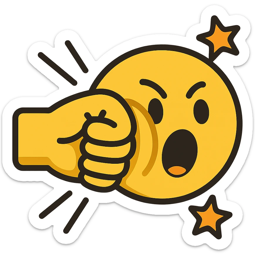 flat-toon style cartoon emoji of a dramatic face punch moment: yellow emoji fist punching another yellow emoji face from the side, squished cheek, shocked expression, comic motion lines or stars, smooth bold outlines, clean modern emoji design sticker