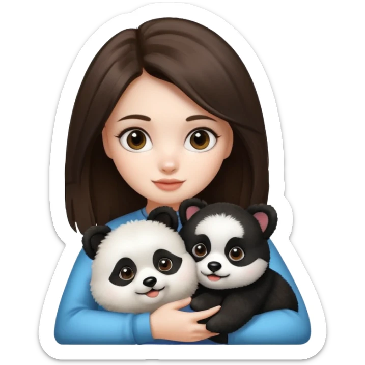 Girl with brunette hair is holding her dog thats a pomeranian and looks like a panda. sticker
