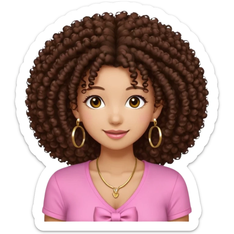 Naturally tan skin girl short darkBrown curly afropink shirt very long lashes hoop gold earrings Brown eyes gyaru smiling closed mouth cute bow hairclip small on the side. V neck pink shirt. Teenager bow on shirt, cleavage sticker