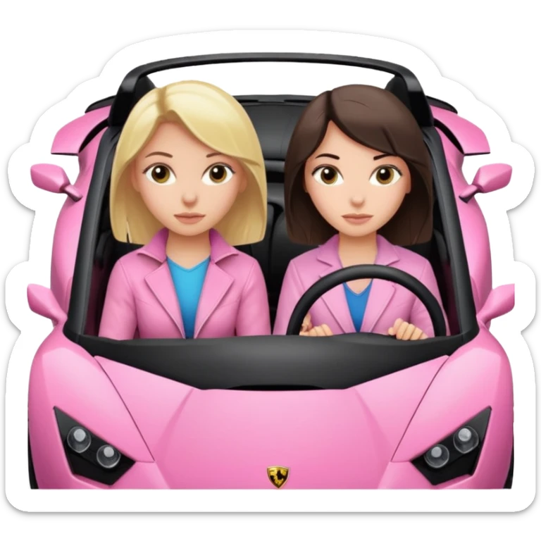 Car facing forward in pink sports car. The best friend girls are not smiling but very pretty, just neutral expression. One girl is blonde, one girl is brunette. Front of car sitting in the seats. Make it a pink sports car. They are two baddies make it a Lamborghini pink car  sticker