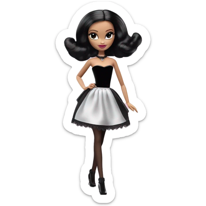  Bunny Wednesday Addams Barbie dancing.  Cute eye makeup face. Longer hair, short black flowing strapless tight evening gown with  plunging neckline that’s off-the-shoulders that also shows her legs and black shiny velvet high heel shoes. sticker
