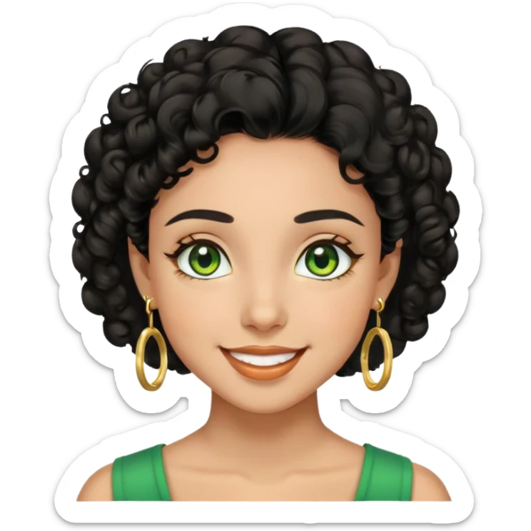 girl showing happiness, medium skin tone, short curly black hair, gold earrings, green eyes Minimal emoji showing happiness, medium skin tone, short curly black hair, gold earrings, green eyes sticker