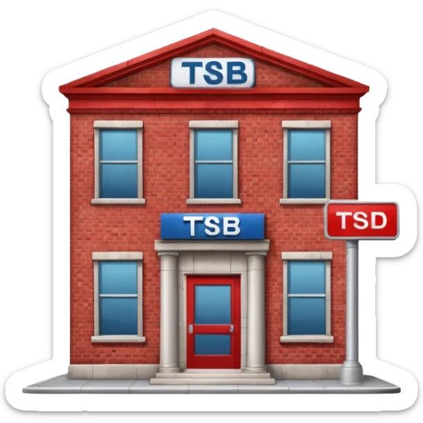 A bank with red building and labeled the "TSB", not "TBSB", on the building sticker