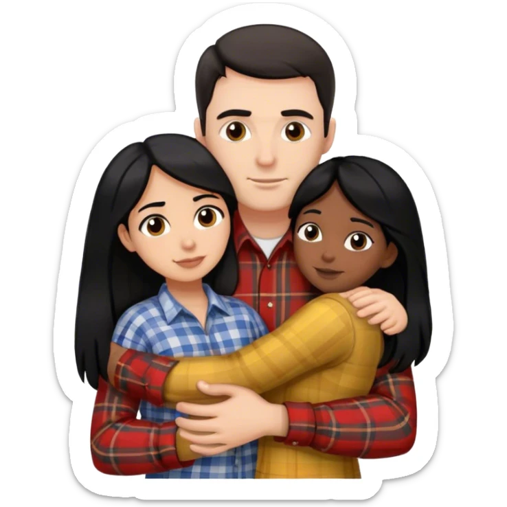 Tall white man with dark hair wearing plaid hugging small hispanic woman with black hair sticker